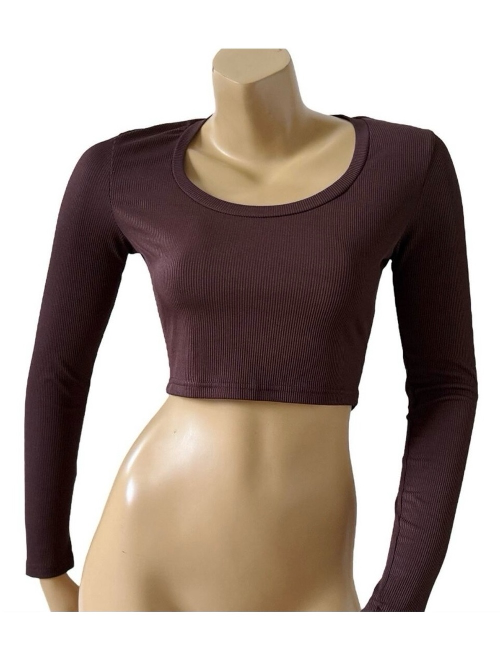Shein Crop Top Womens Small Brown Ribbed Long Sleeve Stretch Fitted Tee